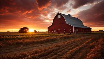 AI generated Rustic farmhouse in tranquil meadow under blue sky generated by AI photo