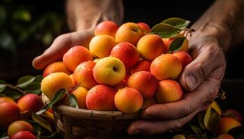 AI generated Hand holding a ripe, fresh, organic apple generated by AI photo