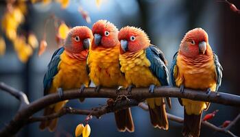 AI generated Vibrant colored macaw perched on branch, nature beauty generated by AI photo