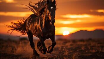AI generated Running stallion in the sunset, showcasing freedom and beauty generated by AI photo