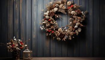 ai generado rústico madera puerta decoración, invierno celebracion adentro generado por ai foto