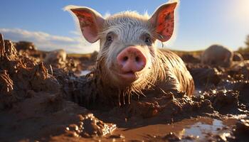 ai generado linda cerdito pasto en el lodoso granja generado por ai foto