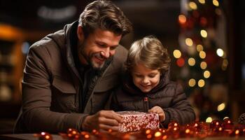 ai generado padre y hijo celebrar Navidad con alegría generado por ai foto