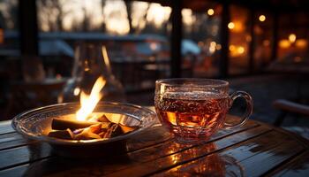 AI generated Flame illuminates table, drink glass reflects romance generated by AI photo