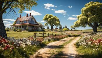 AI generated Idyllic cottage nestled in a green meadow generated by AI photo