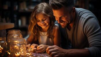 AI generated Smiling father and one child, happiness and togetherness generated by AI photo