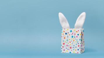 Pasen uitverkoop, winkelen, geschenk. Pasen konijn in een boodschappen doen tas, mooi hoor grappig animatie stop motion, video, kopiëren ruimte voor uw tekst. blauw achtergrond, konijn wiebelt zijn oren video