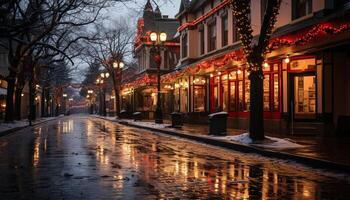 AI generated Illuminated city street at night, reflecting on wet pavement generated by AI photo