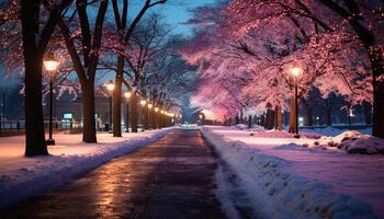 ai generado invierno noche nieve cubierto árbol iluminado por calle ligero generado por ai foto