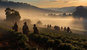 AI generated Men working in the farm at sunset generated by AI photo