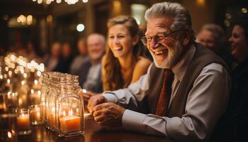 ai generado un alegre celebracion con sonriente adultos por luz de una vela generado por ai foto