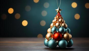 ai generado brillante oro ornamento en Navidad árbol fondo generado por ai foto