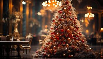ai generado brillante Navidad árbol decoración ilumina acogedor vivo habitación generado por ai foto