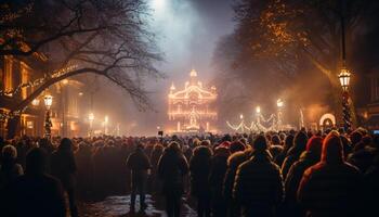 ai generado Noche celebracion, iluminado árbol, multitud de personas generado por ai foto