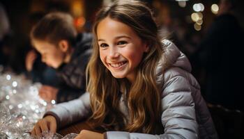 ai generado sonriente joven mujer disfrutando Navidad luces al aire libre generado por ai foto