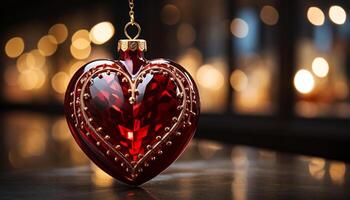 AI generated Shiny heart shaped ornament glows with Christmas celebration generated by AI photo