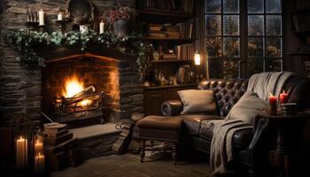 AI generated Cozy living room with burning candle and fireplace generated by AI photo