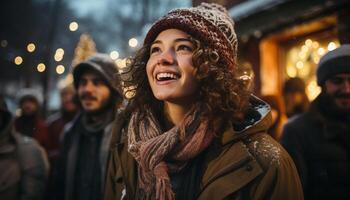 AI generated Smiling couple embraces in winter, enjoying Christmas market generated by AI photo