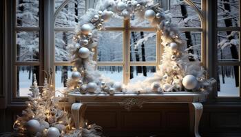 AI generated Winter decoration window tree indoors celebration snow Christmas generated by AI photo