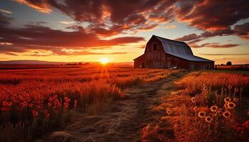 ai generado tranquilo escena de un rústico granja a puesta de sol generado por ai foto