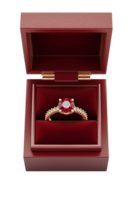 AI generated A ruby ring surrounded by diamonds displayed in a red jewelry box isolated on transparent background, png