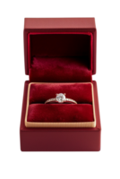 AI generated A diamond ring displayed in a red velvet box isolated on transparent background, png