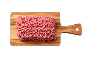 AI generated Raw ground meat shaped into an oblong form on a wooden cutting board isolated on transparent background, png