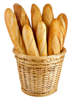 ai generado dorado baguettes en mimbre cesta aislado en transparente fondo, png