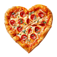 AI generated A heart-shaped pizza with pepperoni and fresh basil leaves isolated on transparent background, png