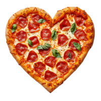 AI generated Pizza in the shape of a heart topped with pepperoni and basil leaves isolated on transparent background, png
