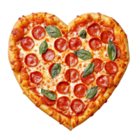 AI generated A heart-shaped cheese pizza with pepperoni slices and fresh basil leaves isolated on transparent background, png