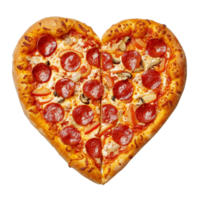 ai generato un' a forma di cuore Pizza con condimenti di peperoni, funghi, e affettato campana peperoni isolato su trasparente sfondo, png