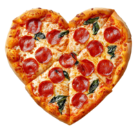 AI generated A heart-shaped pizza with pepperoni and wilted basil leaves isolated on transparent background, png