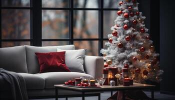 AI generated Comfortable living room with illuminated Christmas tree generated by AI photo