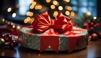 AI generated Shiny gift box illuminated with Christmas lights generated by AI photo