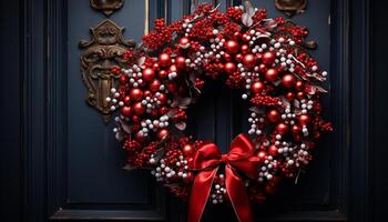 ai generado Navidad guirnalda colgando en un rústico de madera puerta generado por ai foto