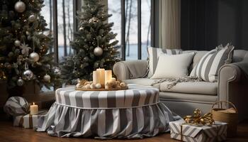 AI generated Comfortable living room with modern design and illuminated Christmas tree generated by AI photo