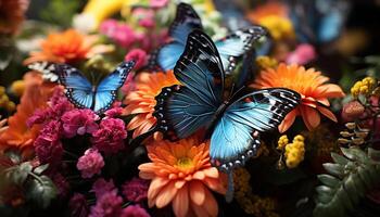 AI generated Multi colored butterfly on yellow flower, vibrant beauty generated by AI photo