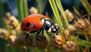 AI generated Ladybug crawling on green leaf in the meadow generated by AI photo