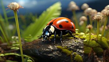 AI generated Ladybug on green leaf, beauty in nature generated by AI photo