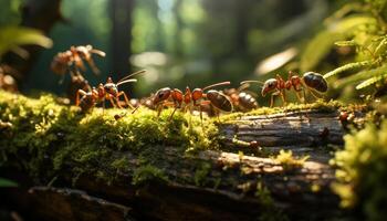 AI generated Ants working together in a green forest generated by AI photo