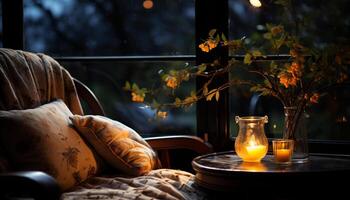 AI generated Comfortable bedroom with wood table, pillow, and lamp generated by AI photo