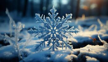 AI generated Winter snowflake, nature frozen celebration in the forest generated by AI photo