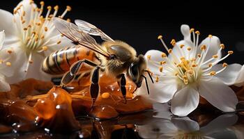 AI generated Honey bee pollinating flower, nature beauty generated by AI photo