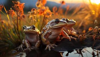 AI generated Two toads sitting on a branch, watching sunset generated by AI photo