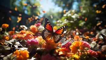 AI generated Vibrant multi colored flower and butterfly in nature generated by AI photo
