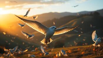 AI generated Seagull soaring in the sunset, symbolizing freedom generated by AI photo