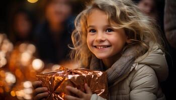 ai generado sonriente muchachas disfrutar Navidad regalo, alegre familia celebracion generado por ai foto