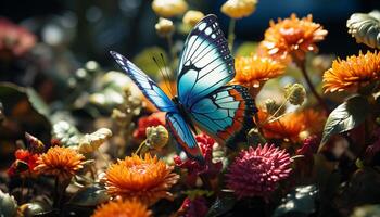 AI generated Vibrant butterfly dances on multi colored flower petals generated by AI photo