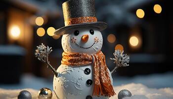 AI generated Smiling snowman brings winter cheer and joy generated by AI photo